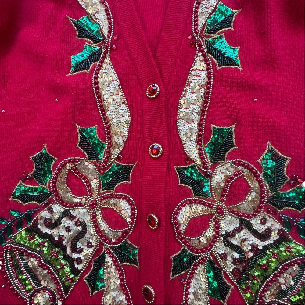 Marisa Christina Classics Christmas Bell Sequin Cardigan Women M Red Sweater VTG - Picture 5 of 13